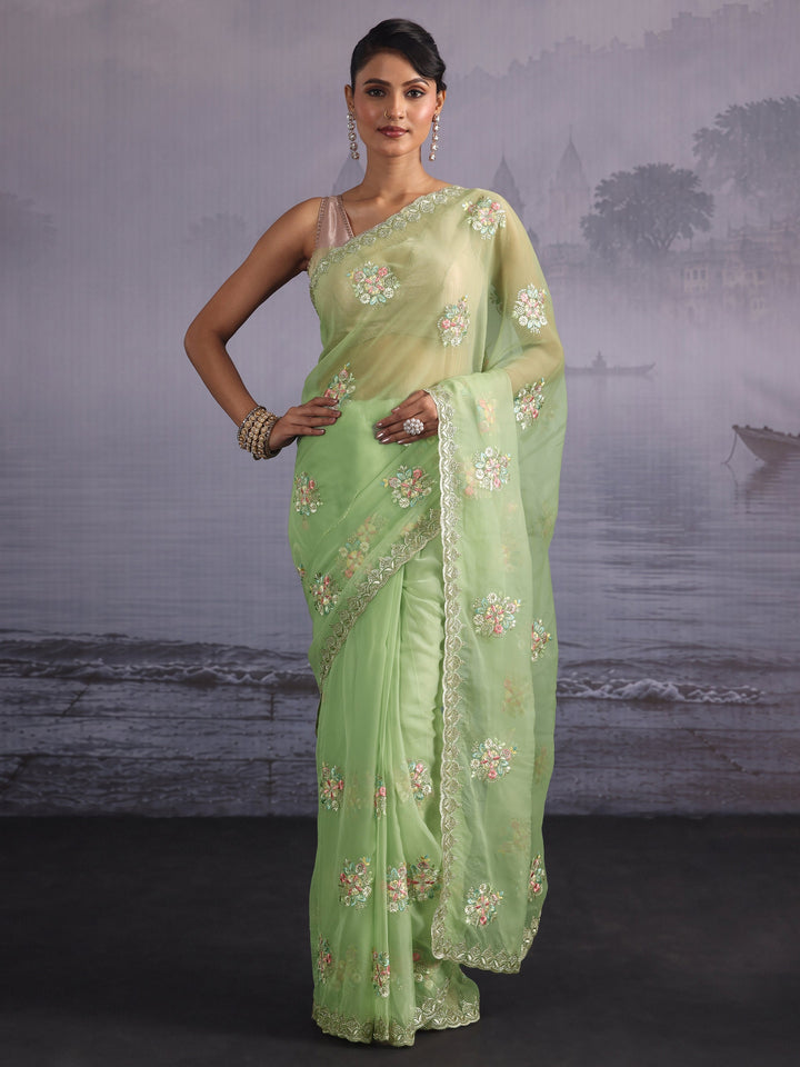 Libas Mint Green Floral Embroidered Organza Saree with Stone Work