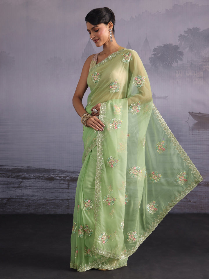 Libas Mint Green Floral Embroidered Organza Saree with Stone Work