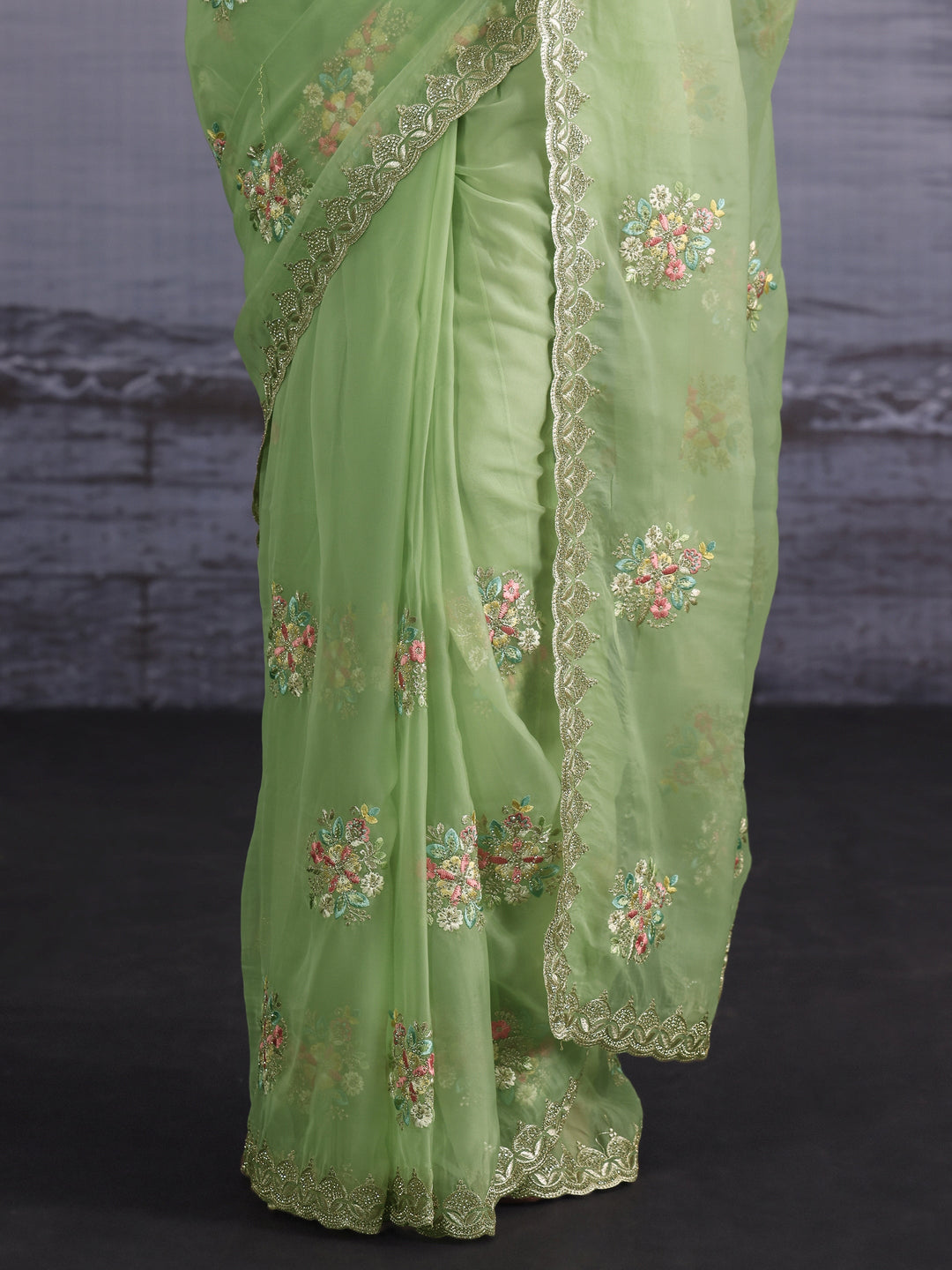 Libas Mint Green Floral Embroidered Organza Saree with Stone Work