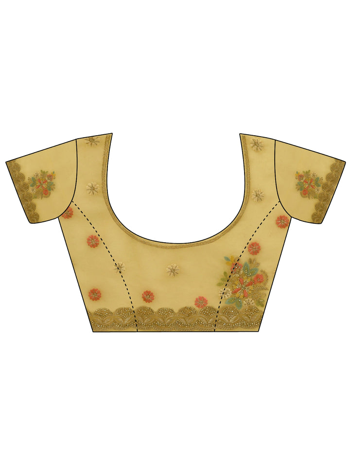 Libas Butter Yellow Floral Embroidered Organza Saree with Stone Work