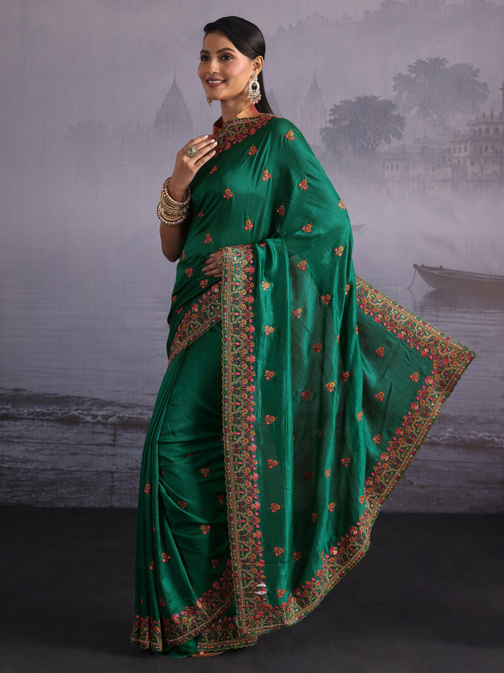 Libas Emerald Green Floral Embroidered Silk Blend Saree