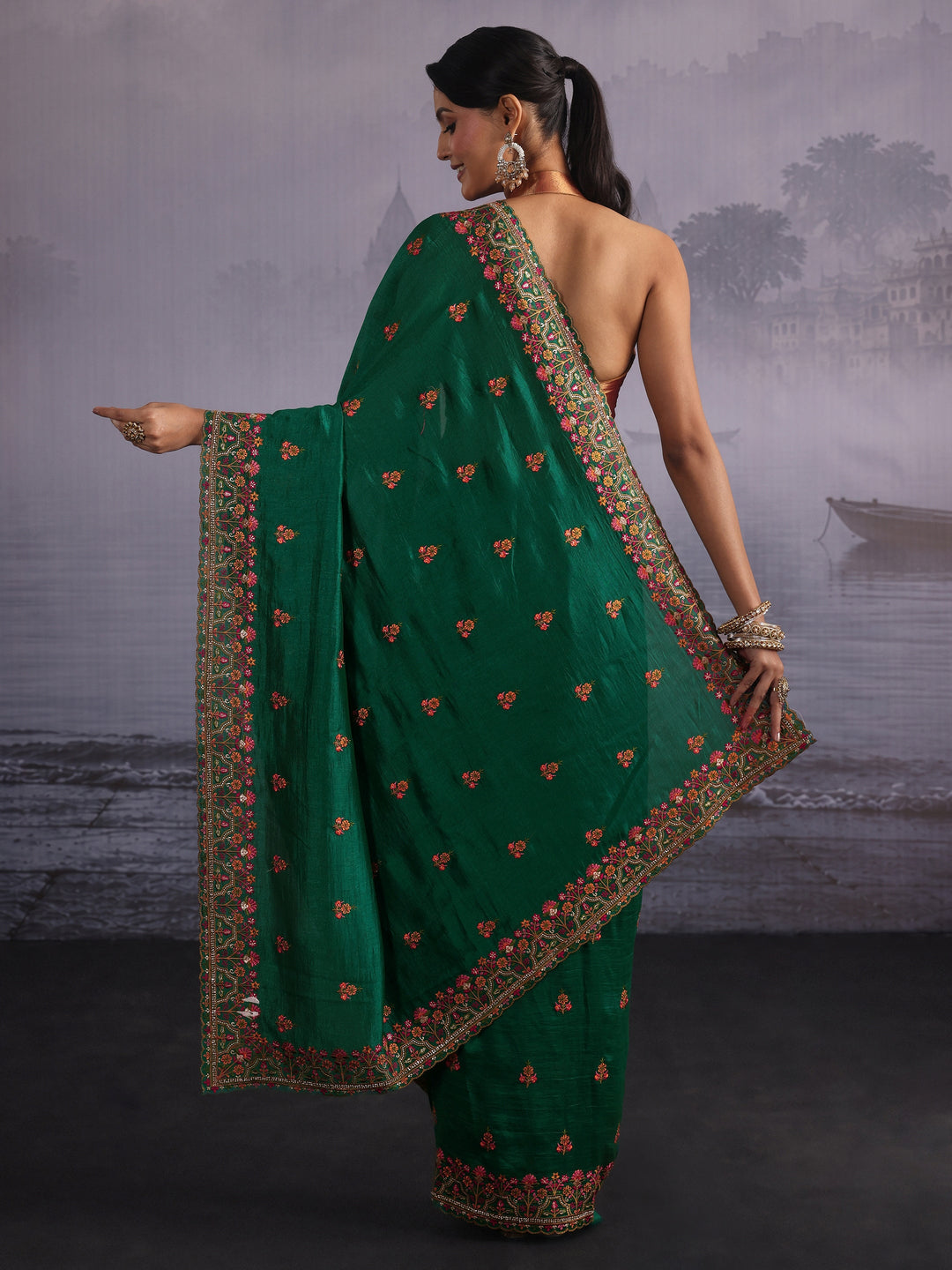 Libas Emerald Green Floral Embroidered Silk Blend Saree