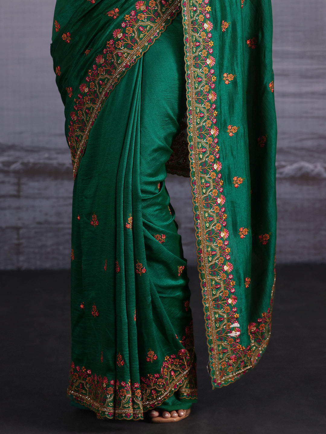 Libas Emerald Green Floral Embroidered Silk Blend Saree