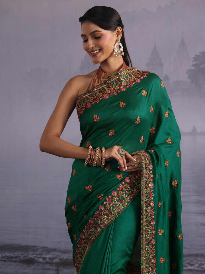 Libas Emerald Green Floral Embroidered Silk Blend Saree