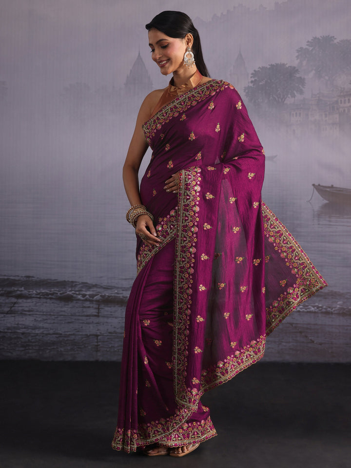 Libas Burgundy Floral Embroidered Silk Blend Saree