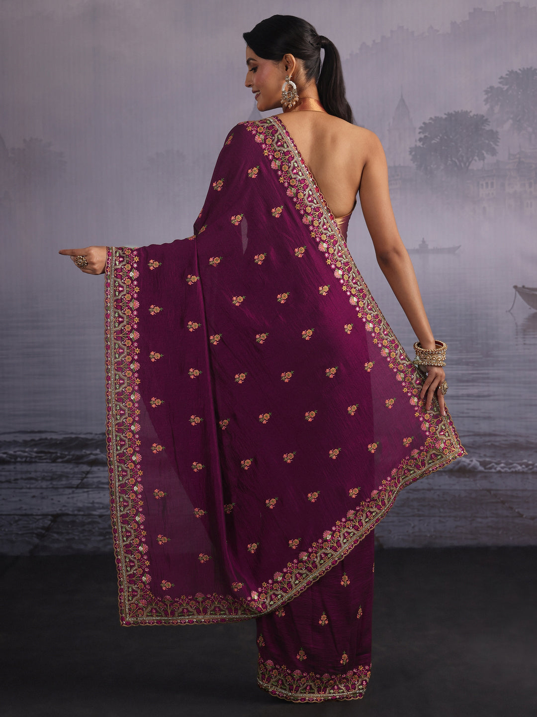 Libas Burgundy Floral Embroidered Silk Blend Saree