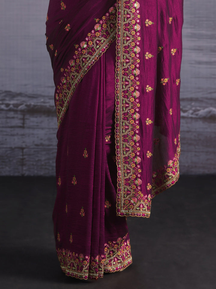 Libas Burgundy Floral Embroidered Silk Blend Saree