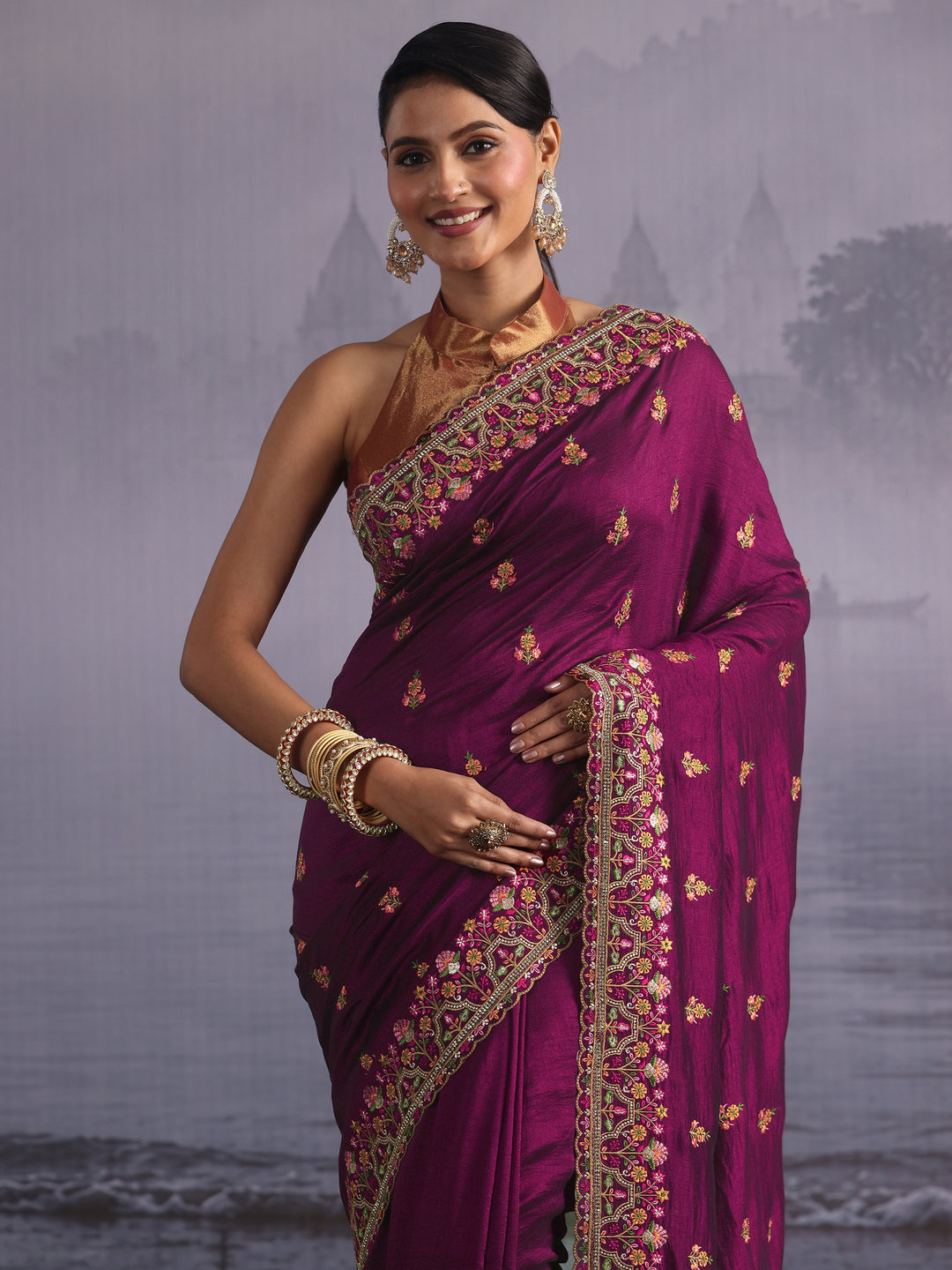 Libas Burgundy Floral Embroidered Silk Blend Saree
