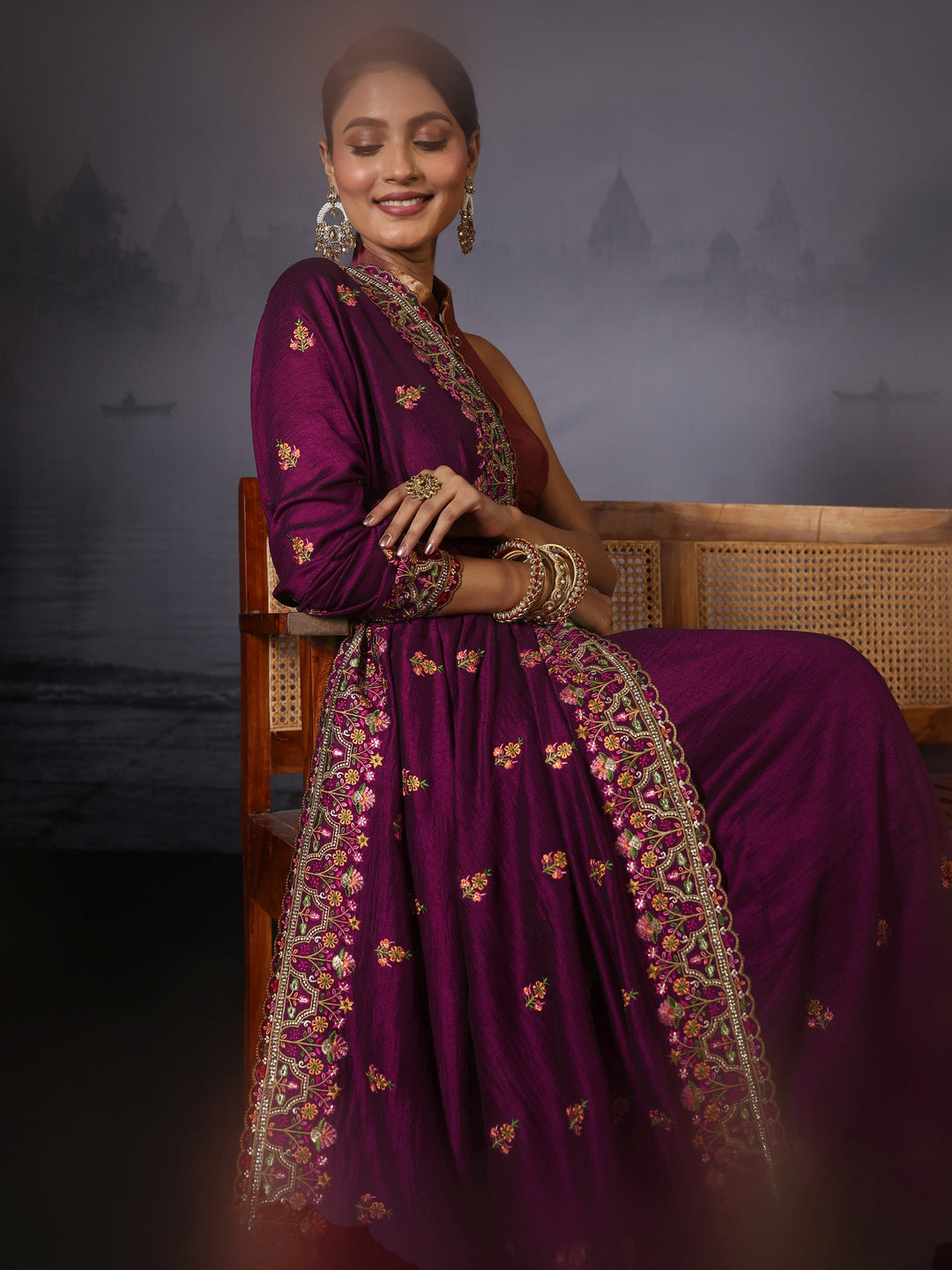 Libas Burgundy Floral Embroidered Silk Blend Saree