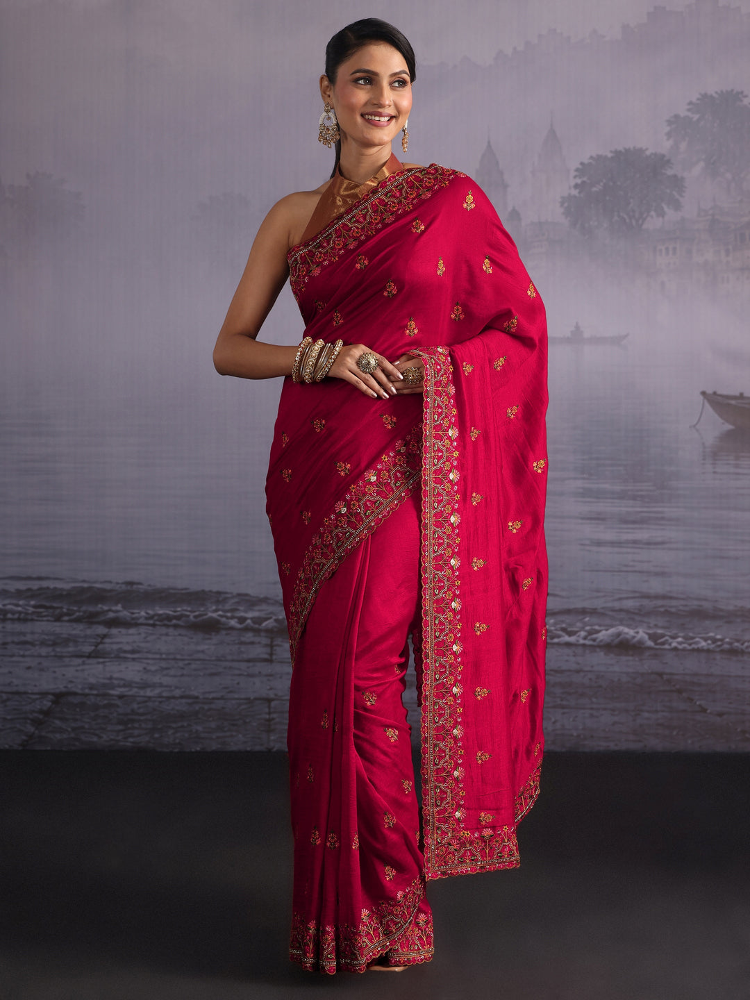 Libas Red Floral Embroidered Silk Blend Saree