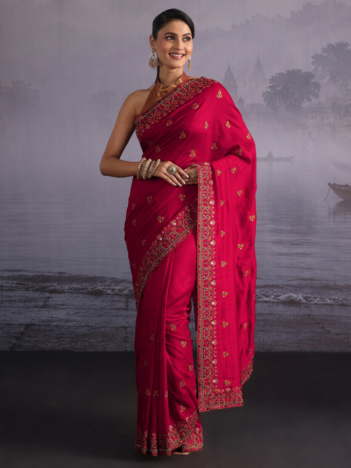 Libas Red Floral Embroidered Silk Blend Saree