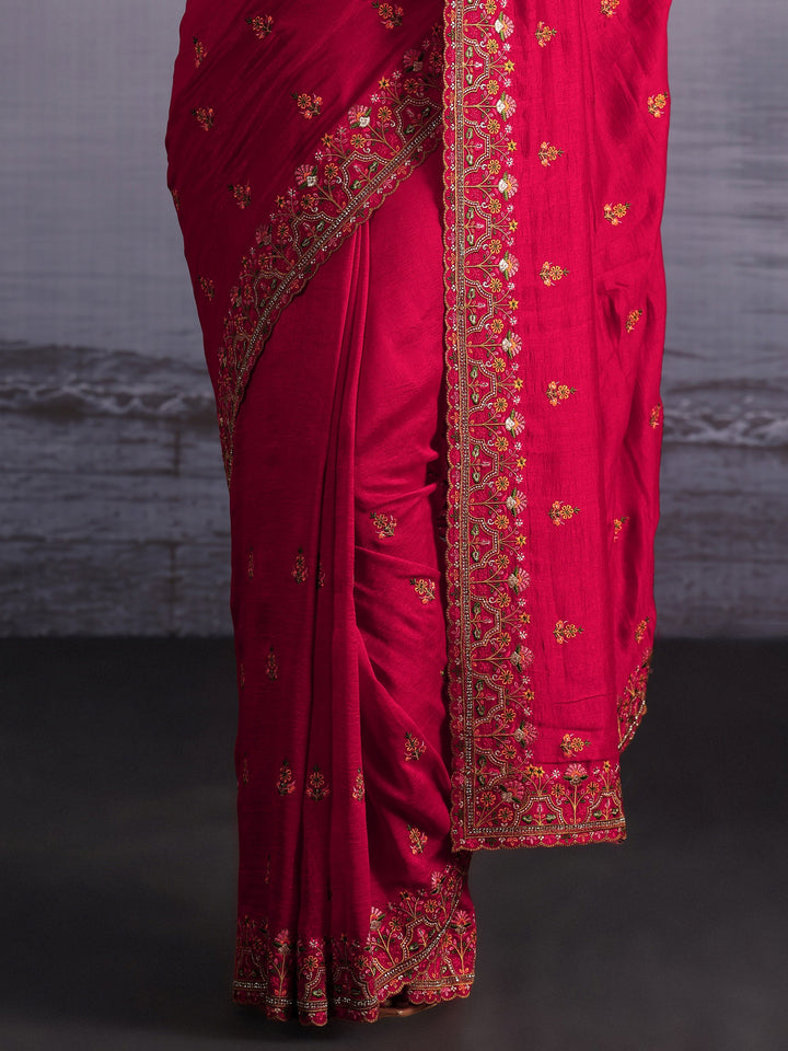 Libas Red Floral Embroidered Silk Blend Saree