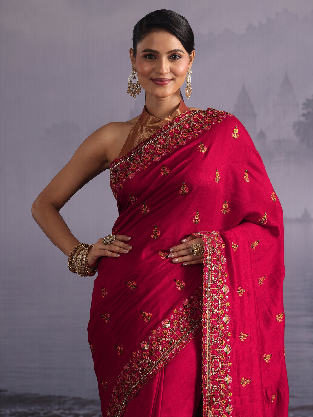 Libas Red Floral Embroidered Silk Blend Saree