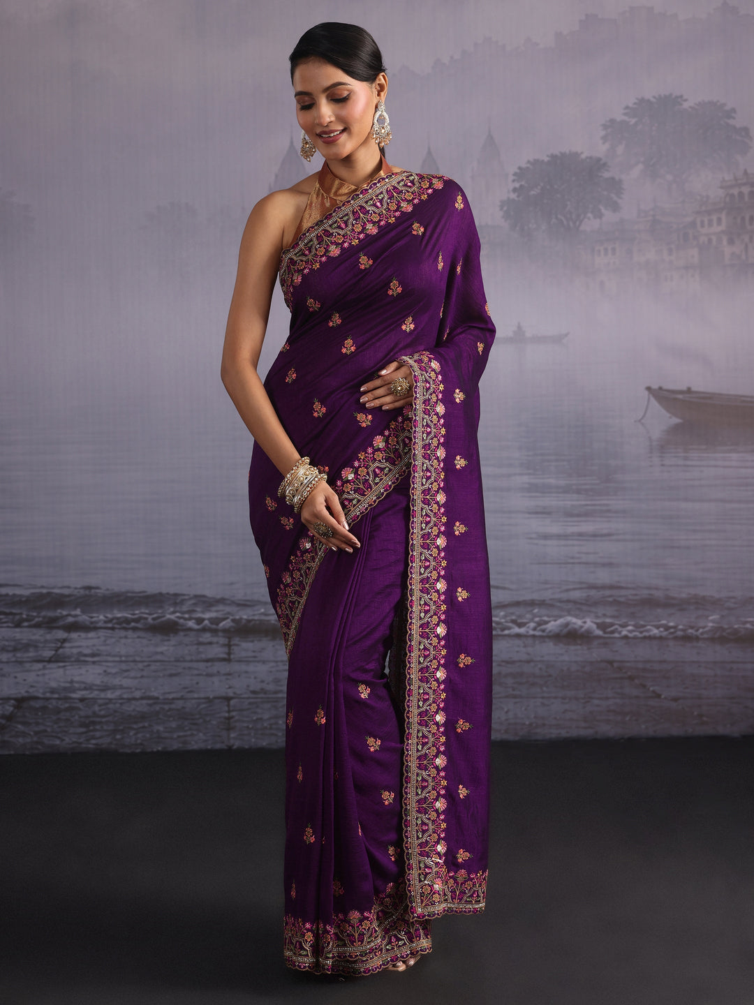 Libas Royal Purple Floral Embroidered Silk Blend Saree