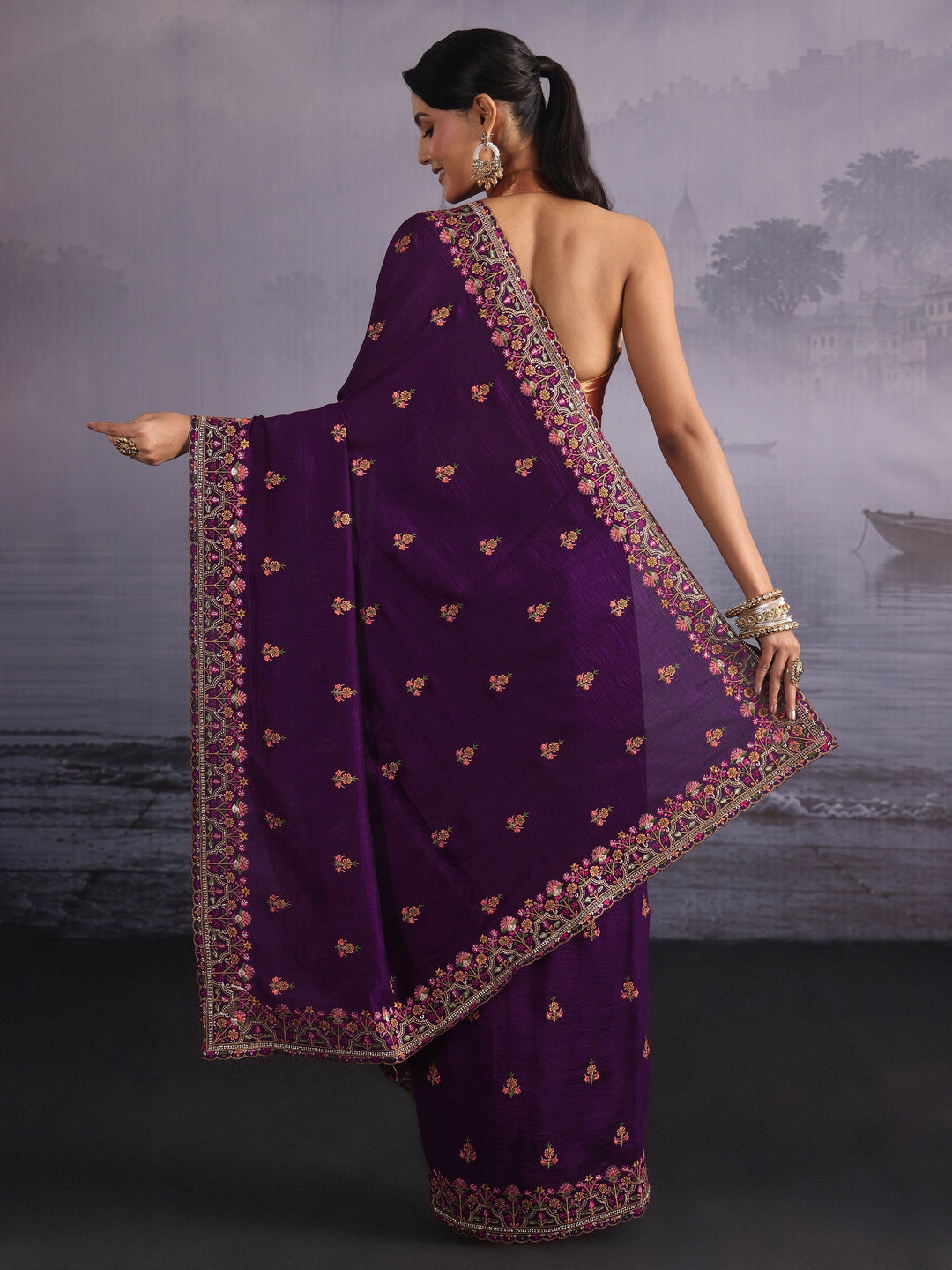 Libas Royal Purple Floral Embroidered Silk Blend Saree