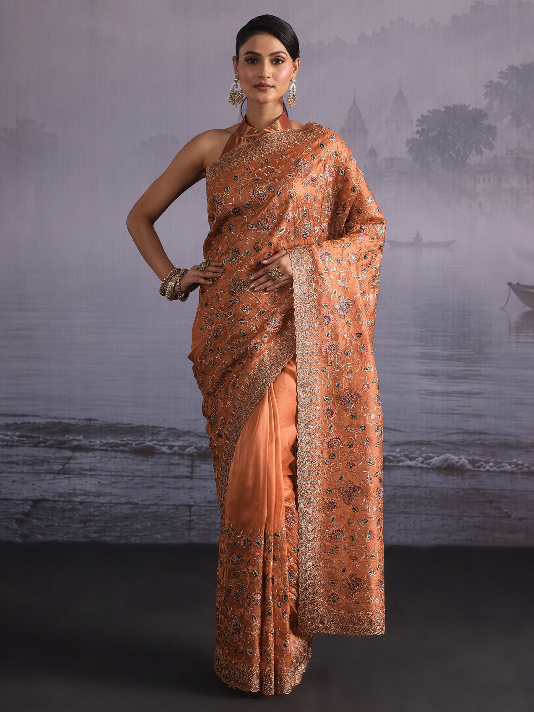 Libas Art Peach Floral Embroidered Stone Work Net Saree