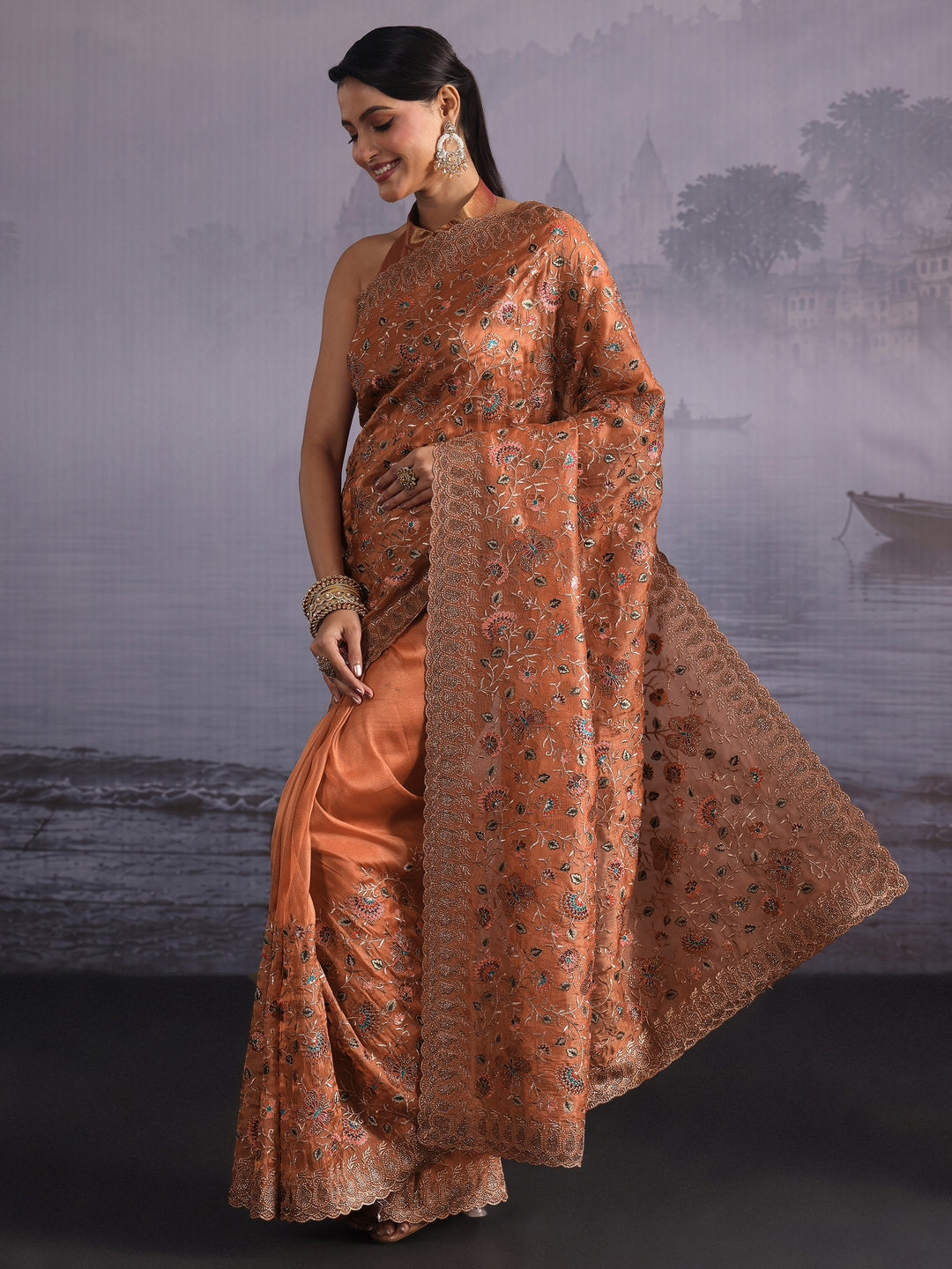 Libas Art Peach Floral Embroidered Stone Work Net Saree