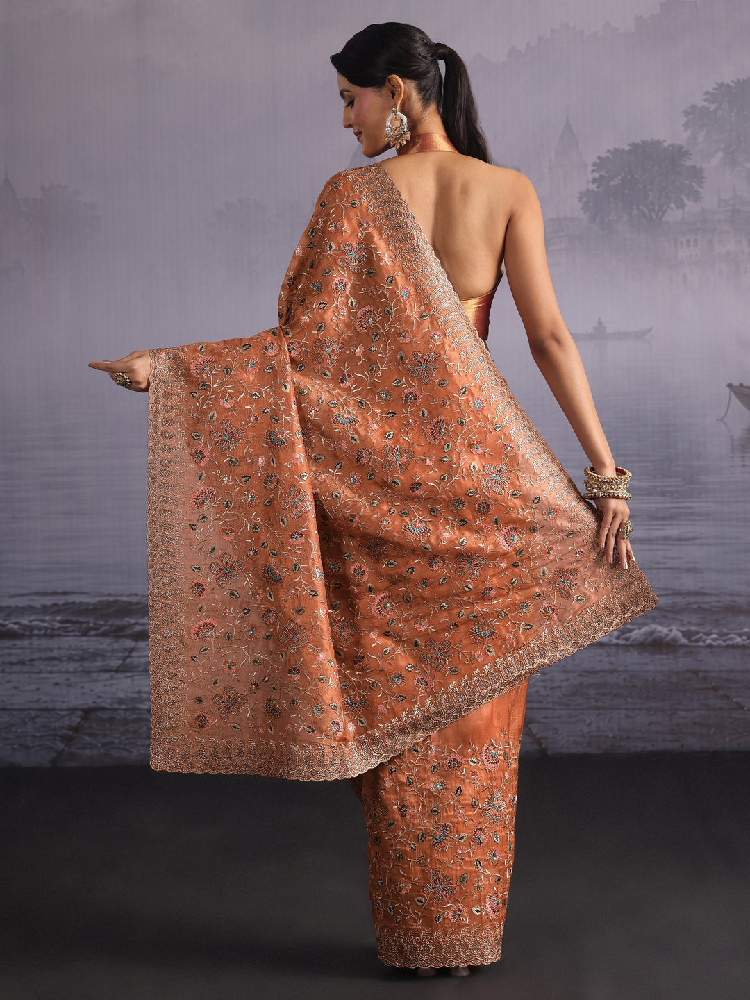 Libas Art Peach Floral Embroidered Stone Work Net Saree