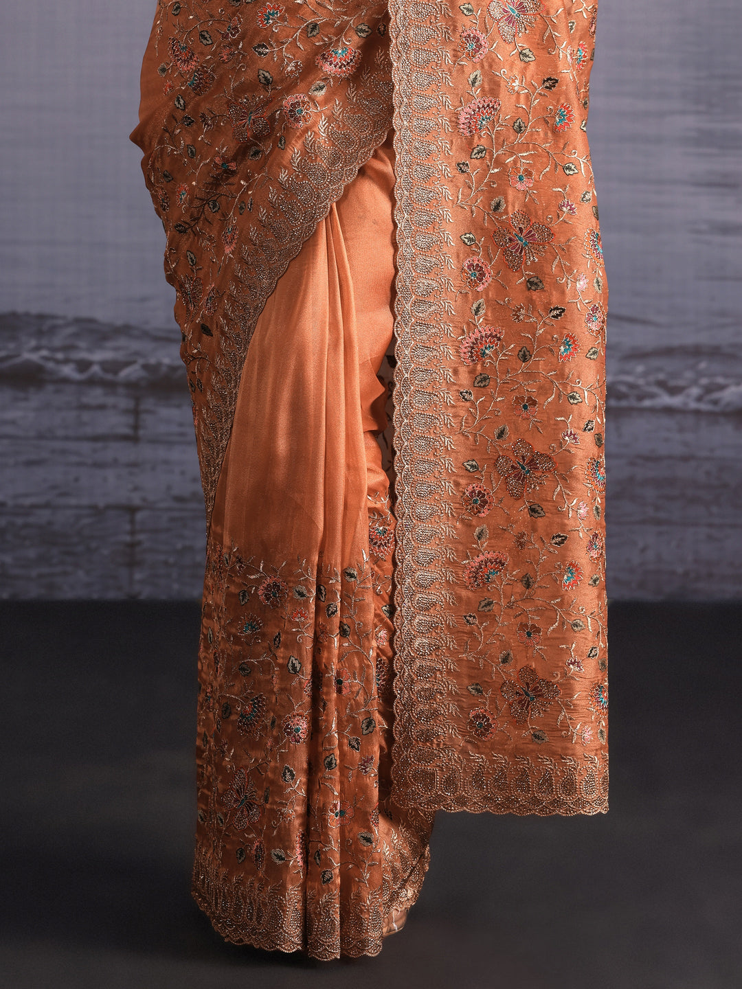 Libas Art Peach Floral Embroidered Stone Work Net Saree