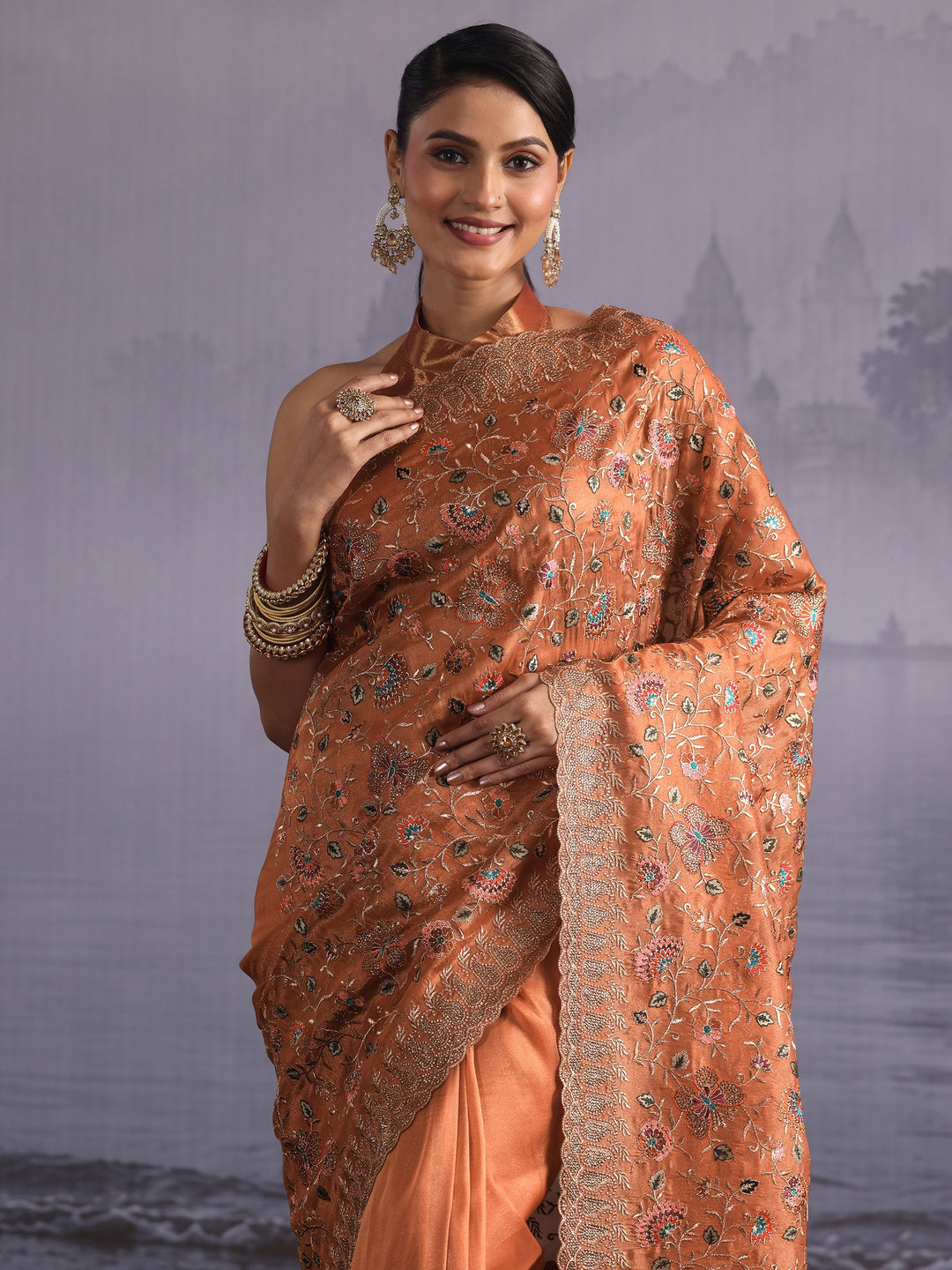 Libas Art Peach Floral Embroidered Stone Work Net Saree