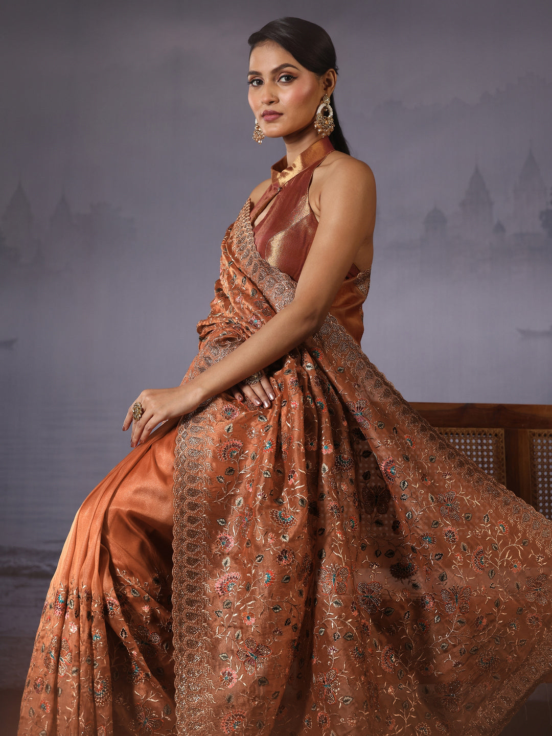 Libas Art Peach Floral Embroidered Stone Work Net Saree