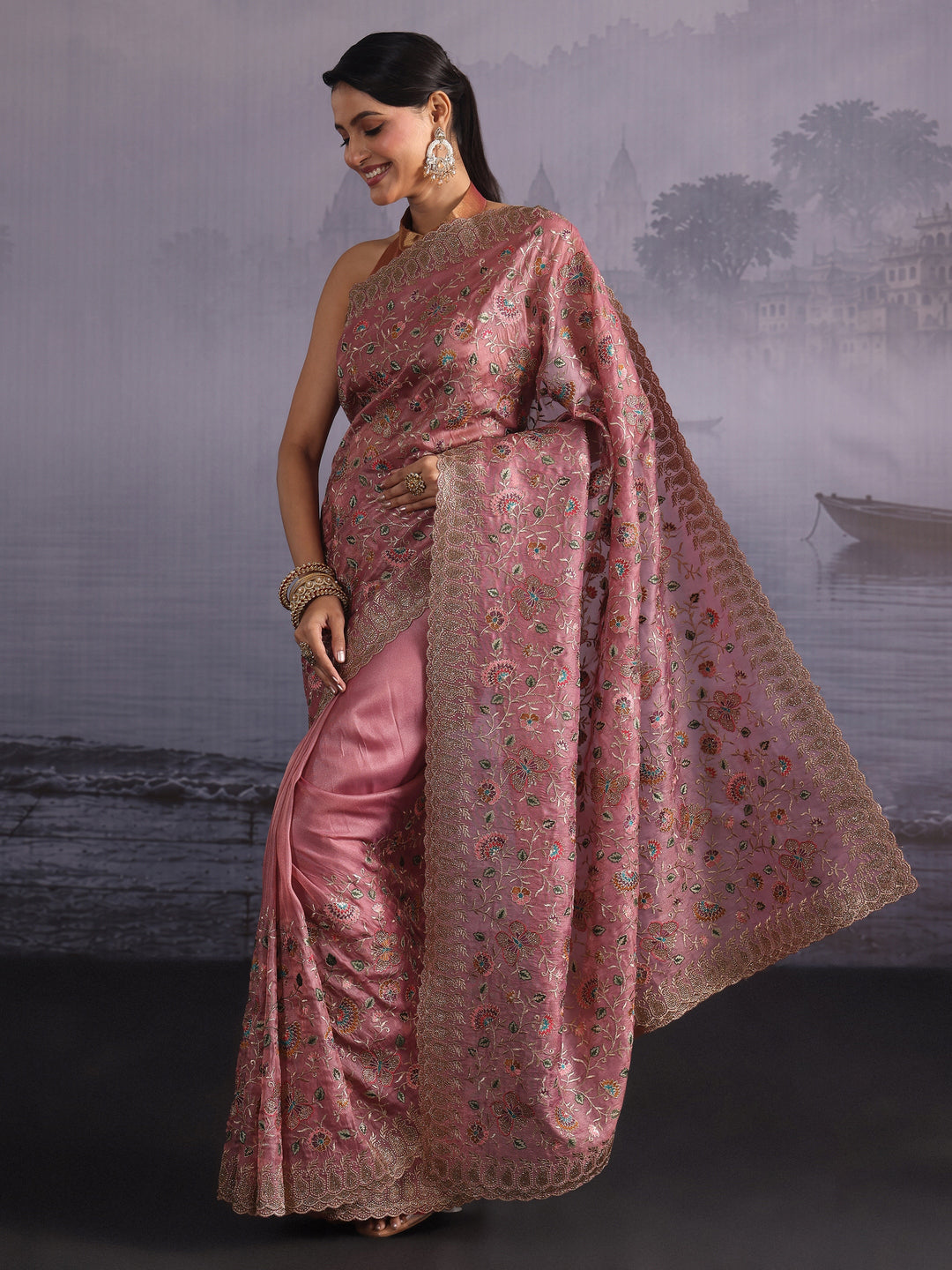 Libas Art Mauve Floral Embroidered Stone Work Net Saree