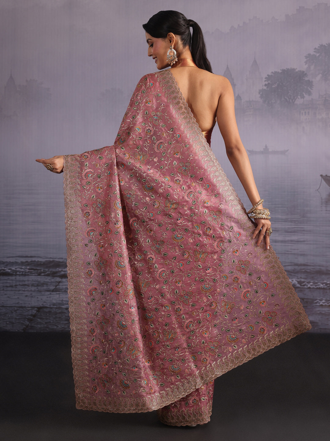 Libas Art Mauve Floral Embroidered Stone Work Net Saree
