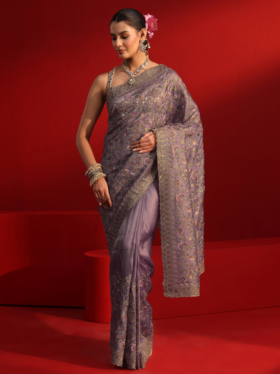 Libas Art Lavender Floral Embroidered Net Saree With Stone Work