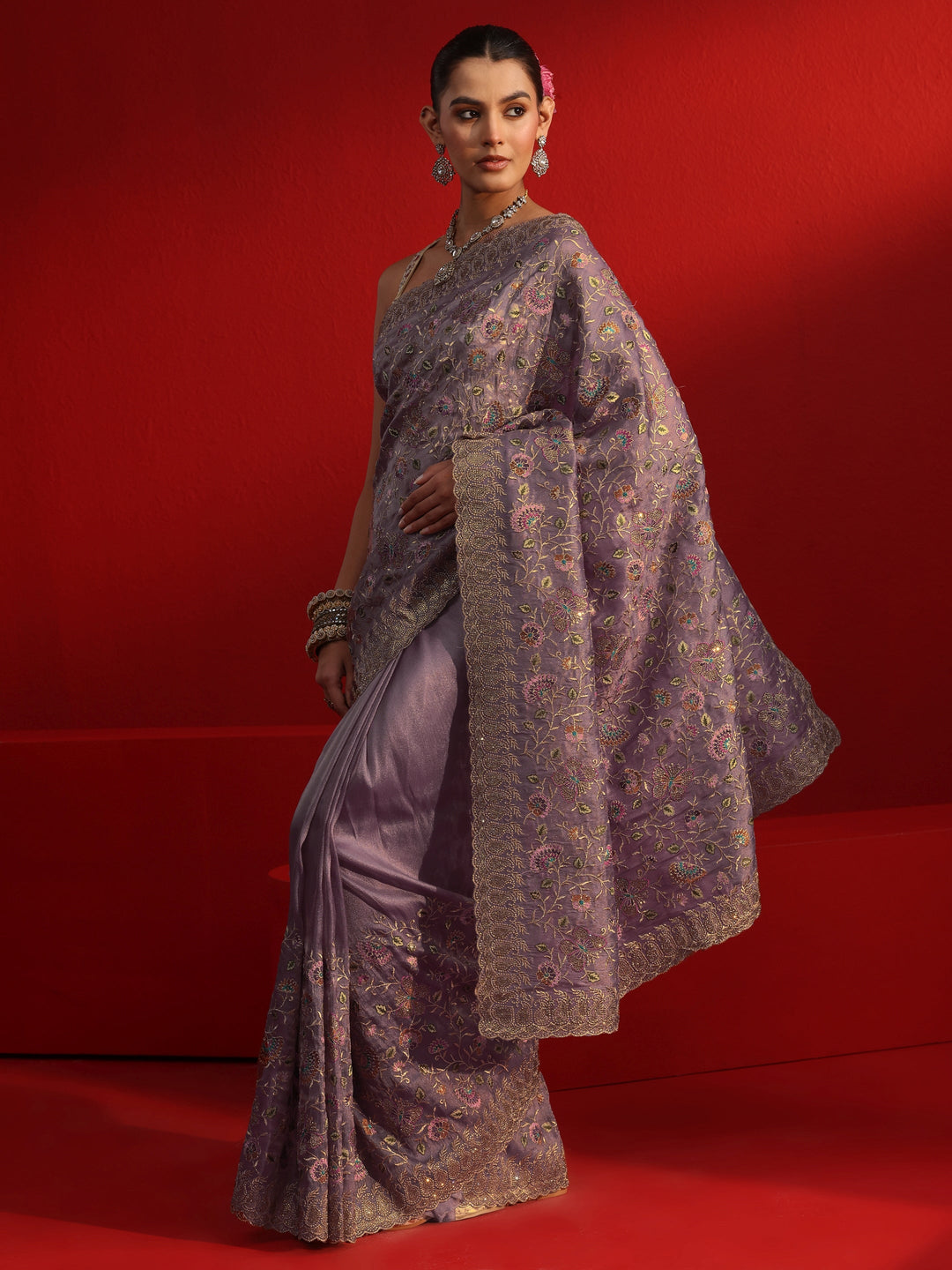Libas Art Lavender Floral Embroidered Net Saree With Stone Work