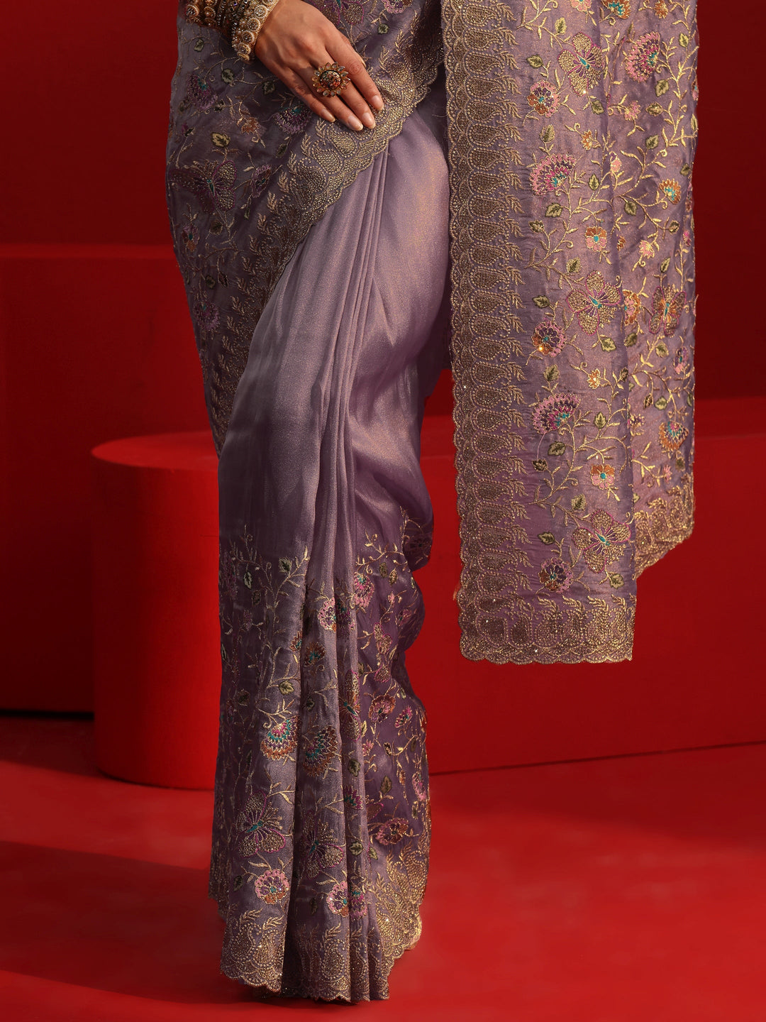 Libas Art Lavender Floral Embroidered Net Saree With Stone Work