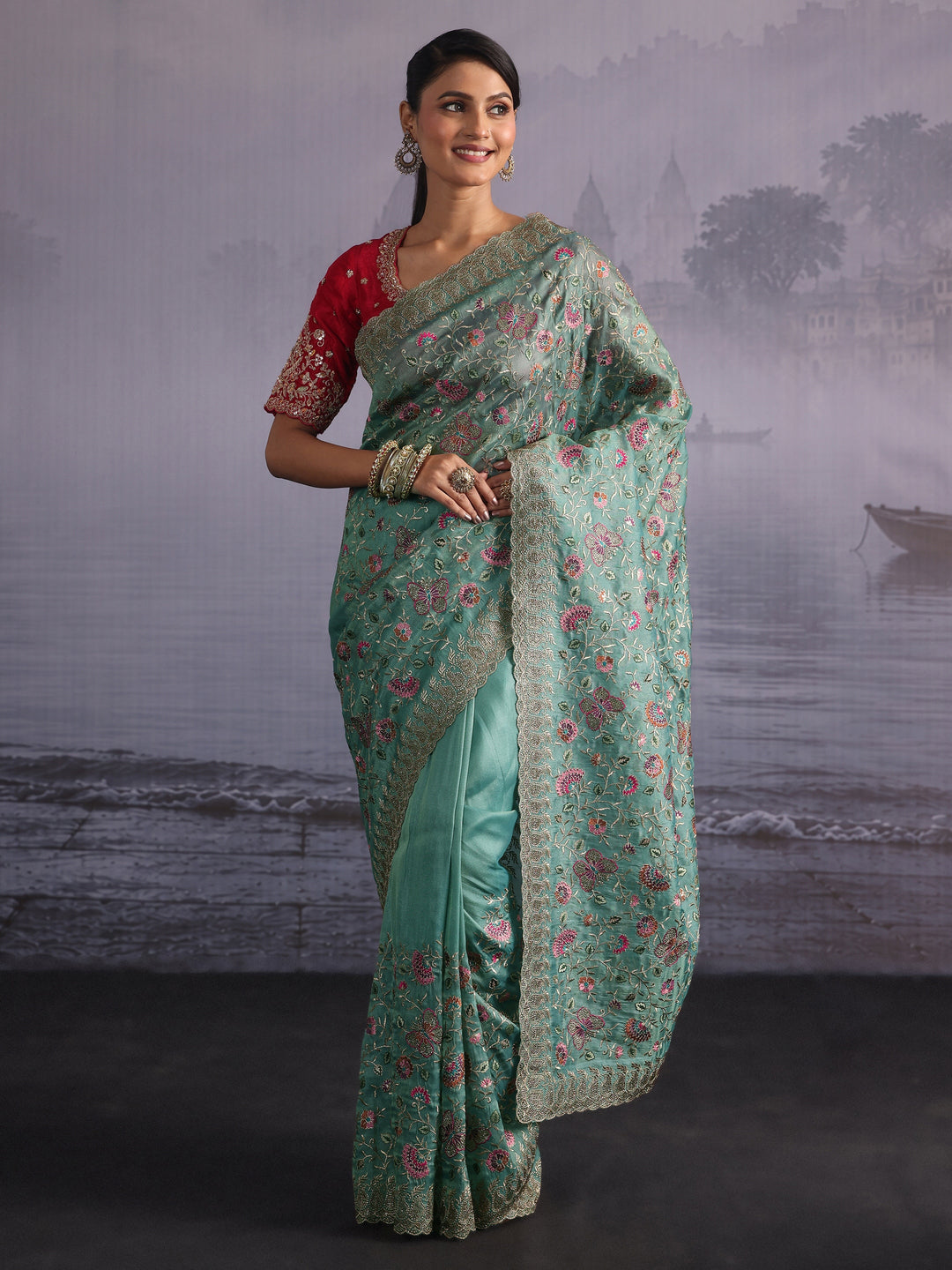 Libas Art Sea Green Floral Embroidered Stone Work Net Saree