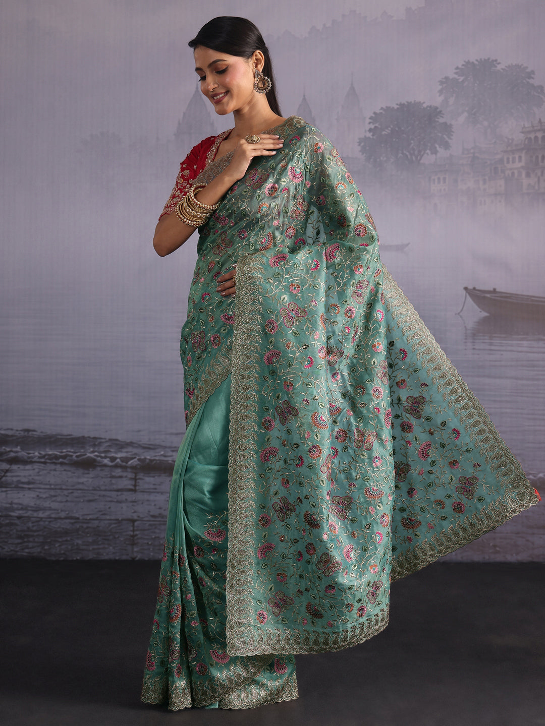 Libas Art Sea Green Floral Embroidered Stone Work Net Saree