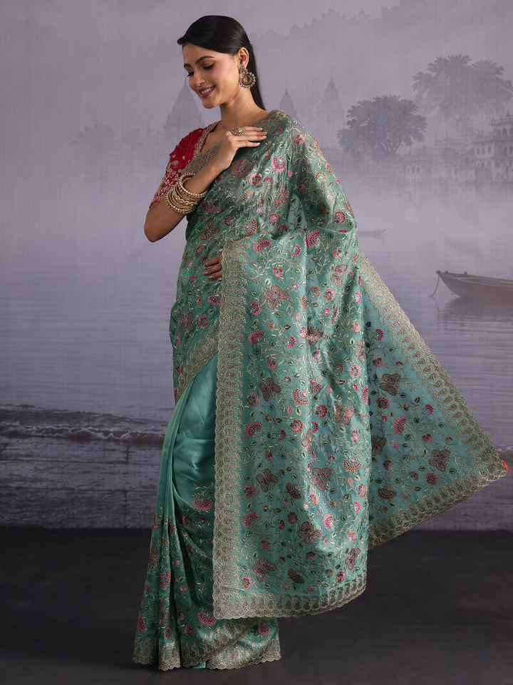 Libas Art Sea Green Floral Embroidered Stone Work Net Saree