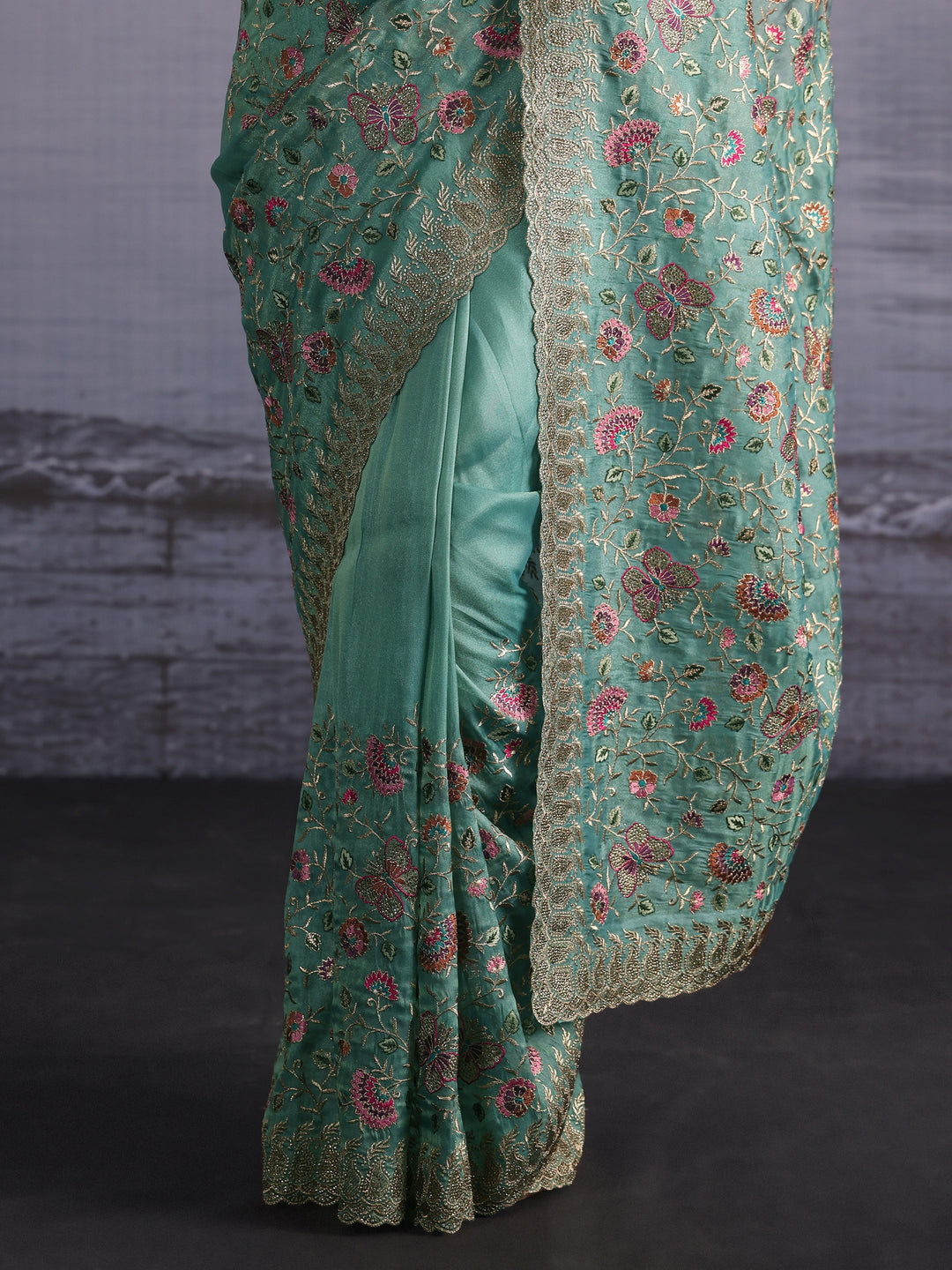 Libas Art Sea Green Floral Embroidered Stone Work Net Saree