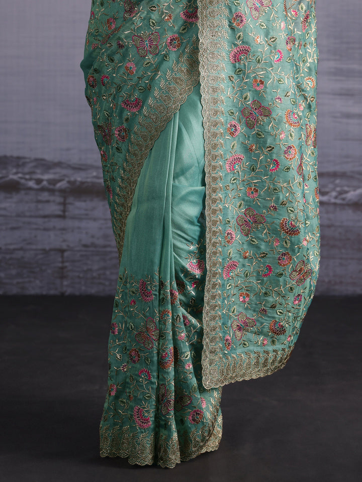 Libas Art Sea Green Floral Embroidered Stone Work Net Saree