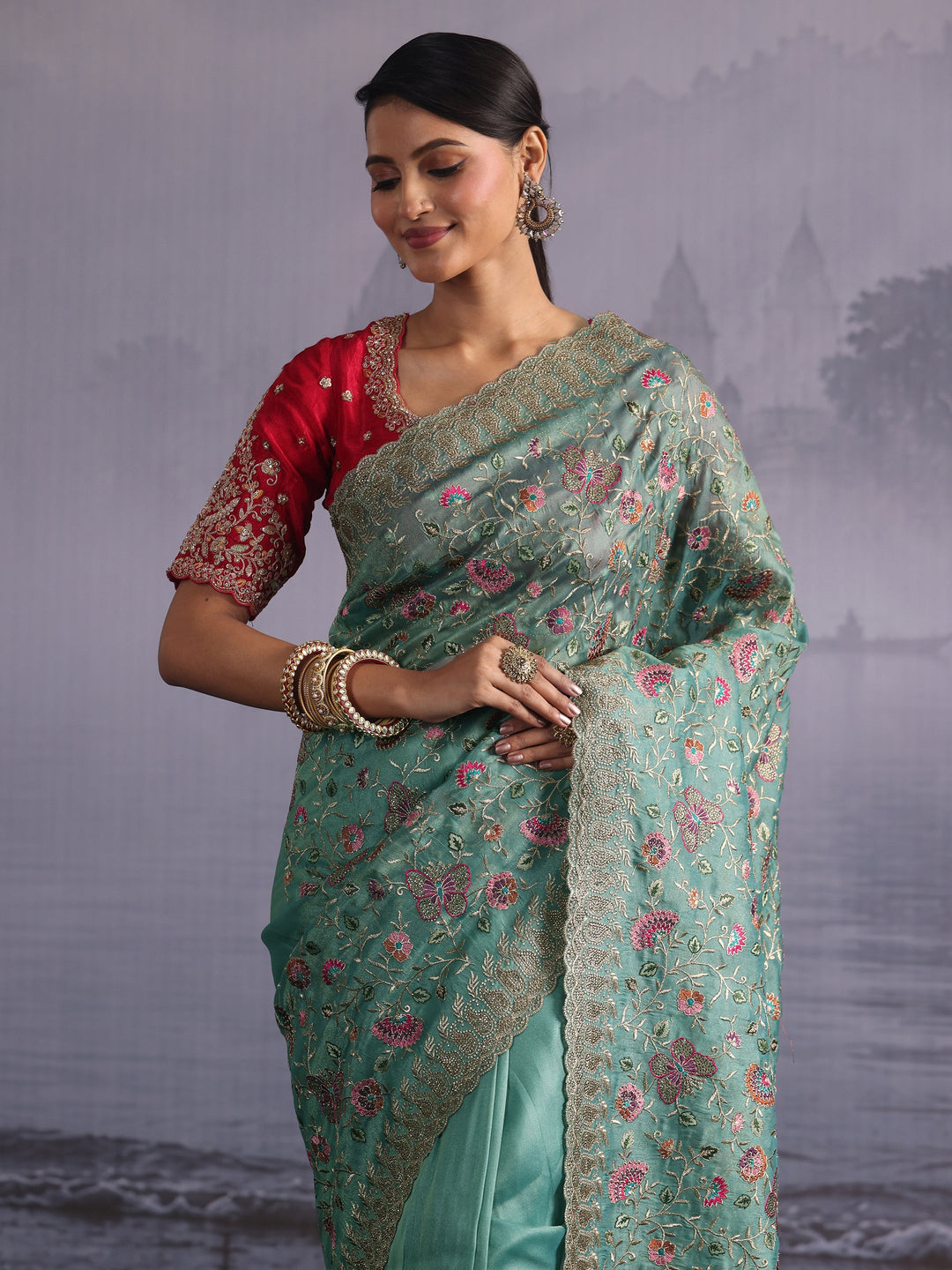 Libas Art Sea Green Floral Embroidered Stone Work Net Saree