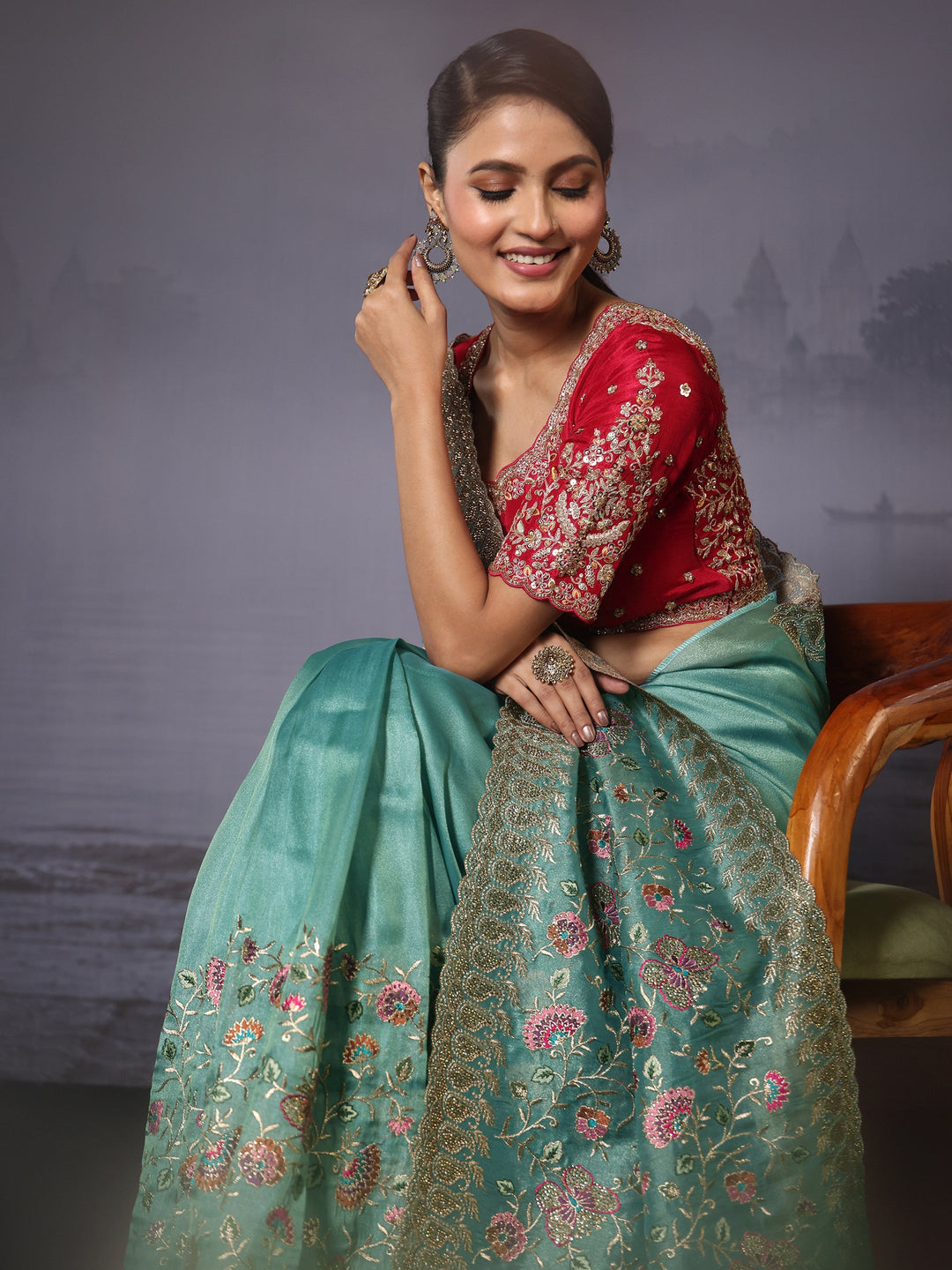 Libas Art Sea Green Floral Embroidered Stone Work Net Saree