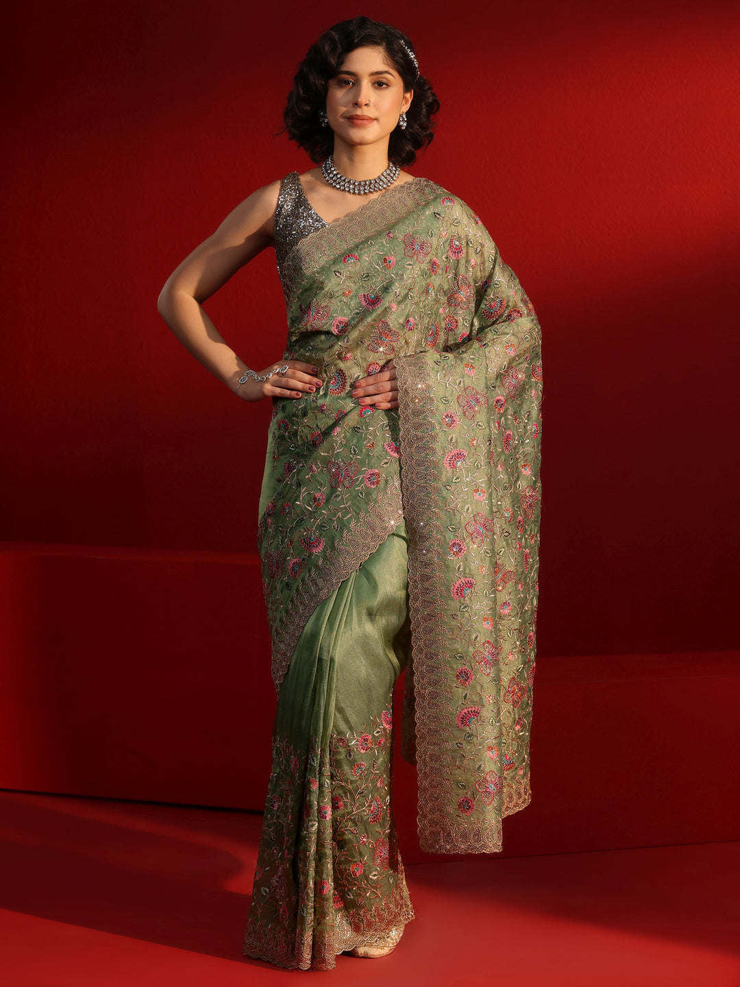 Libas Art Green Floral Embroidered Net Saree With Stone Work