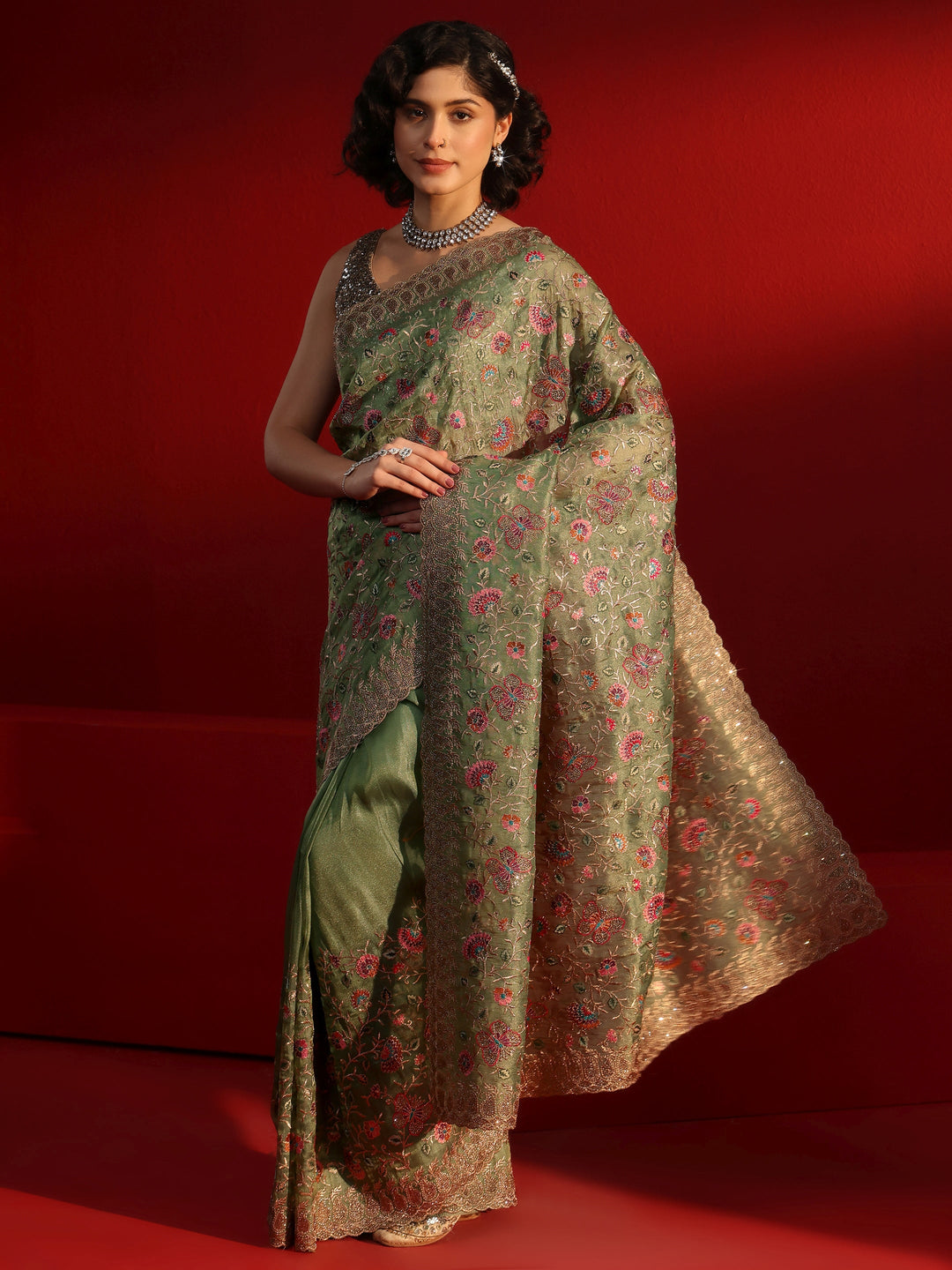 Libas Art Green Floral Embroidered Net Saree With Stone Work