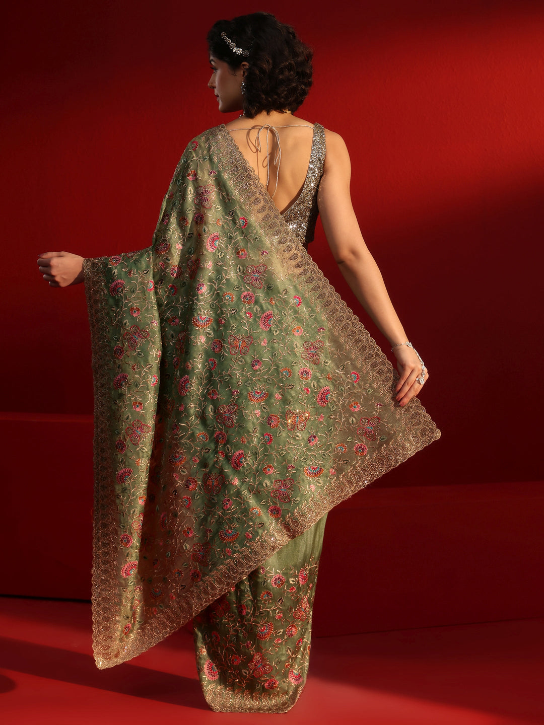Libas Art Green Floral Embroidered Net Saree With Stone Work