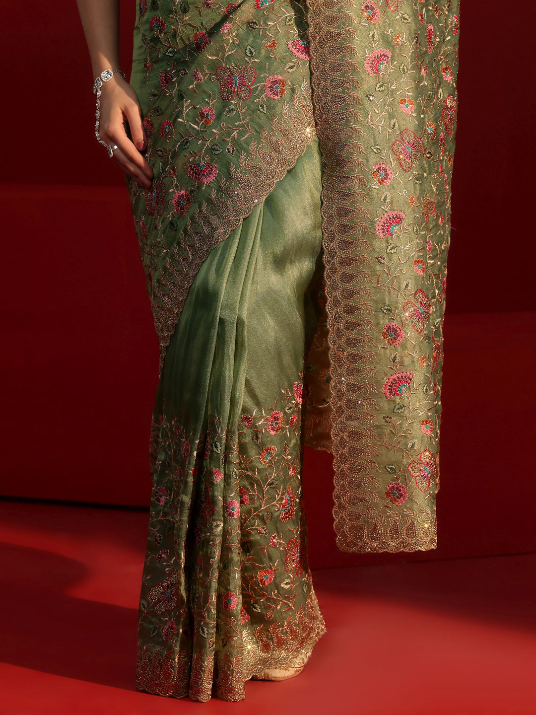 Libas Art Green Floral Embroidered Net Saree With Stone Work