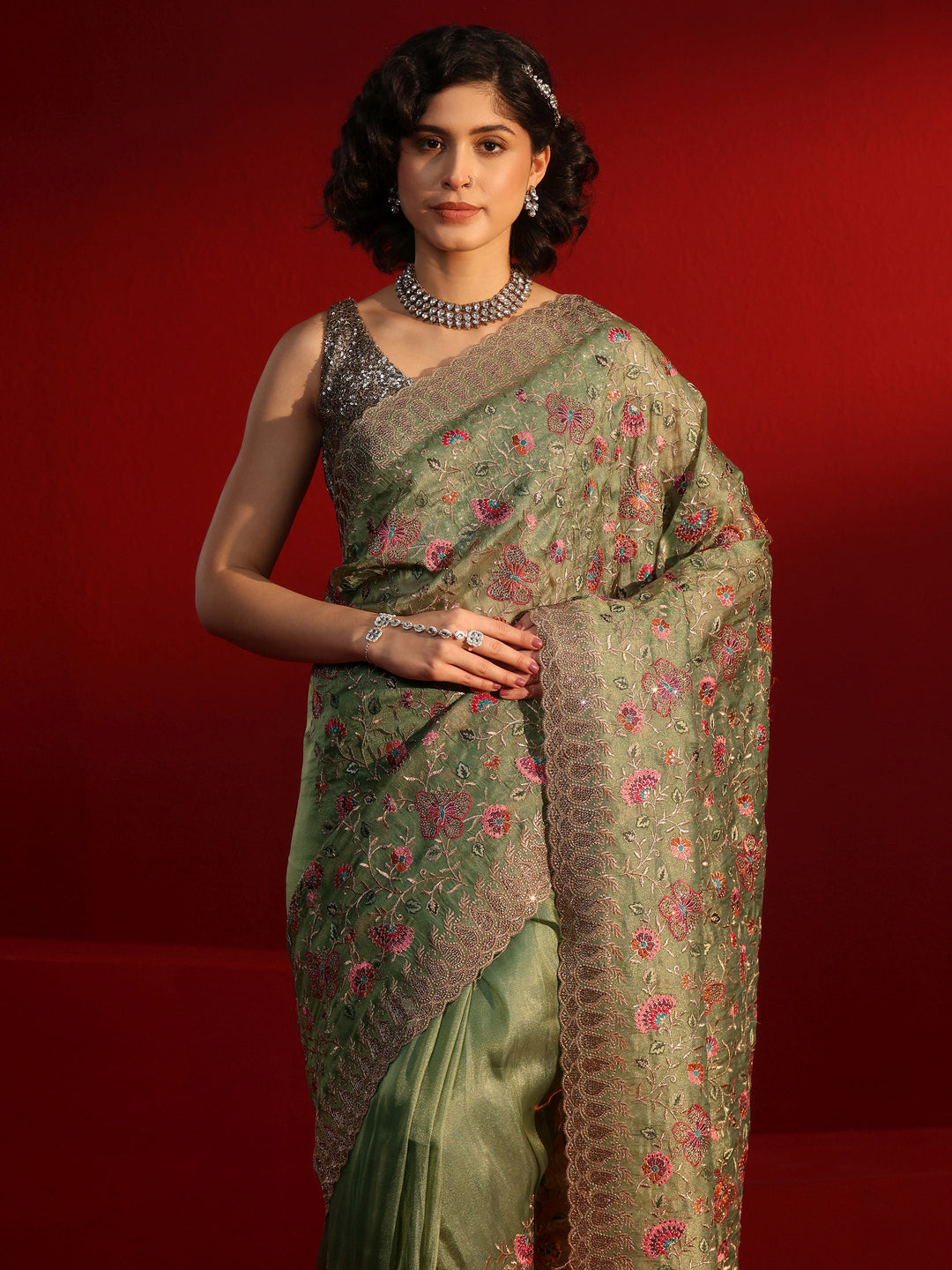 Libas Art Green Floral Embroidered Net Saree With Stone Work