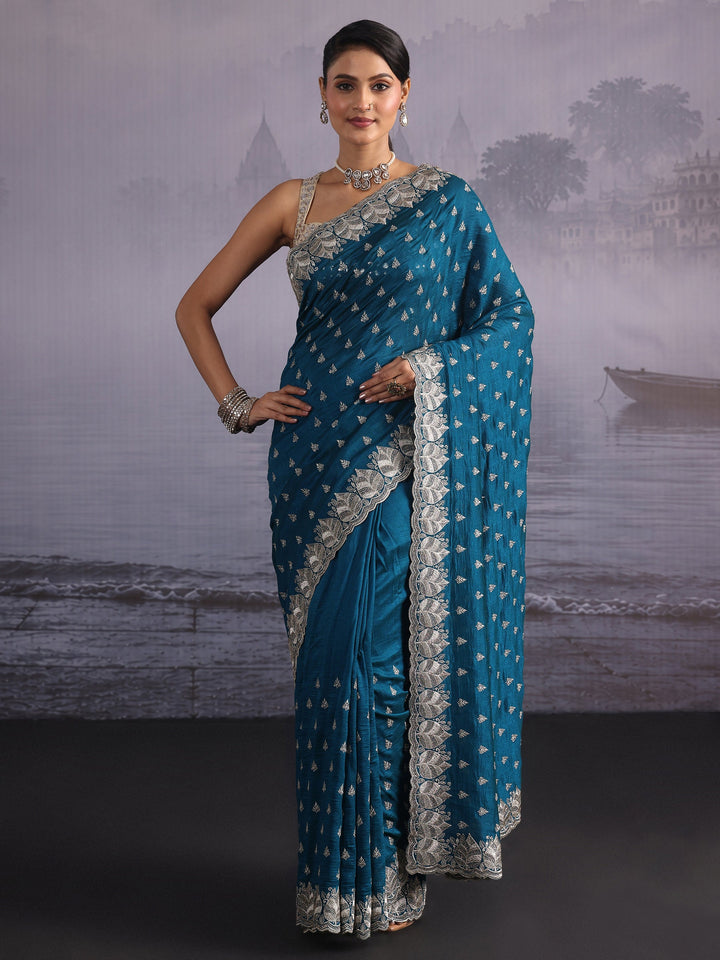Libas Teal Blue Zari Embroidered Silk Blend Saree