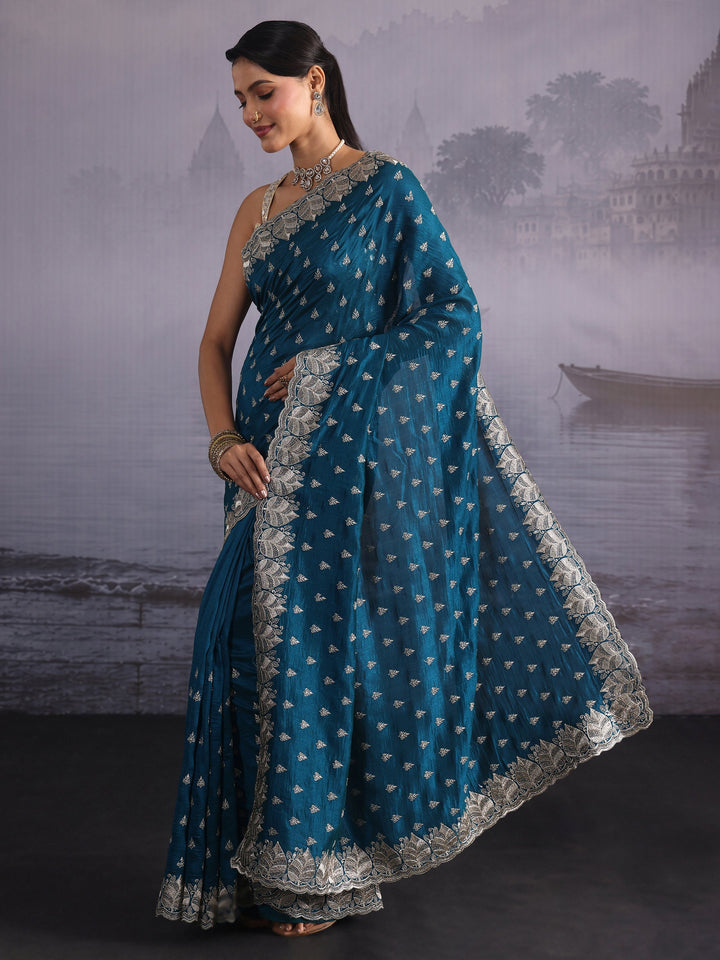Libas Teal Blue Zari Embroidered Silk Blend Saree