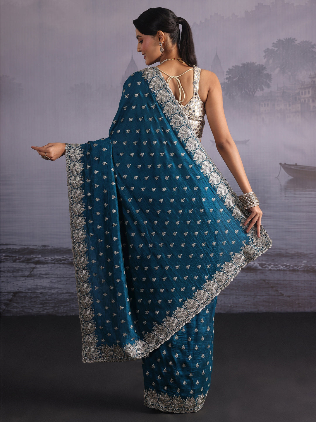 Libas Teal Blue Zari Embroidered Silk Blend Saree