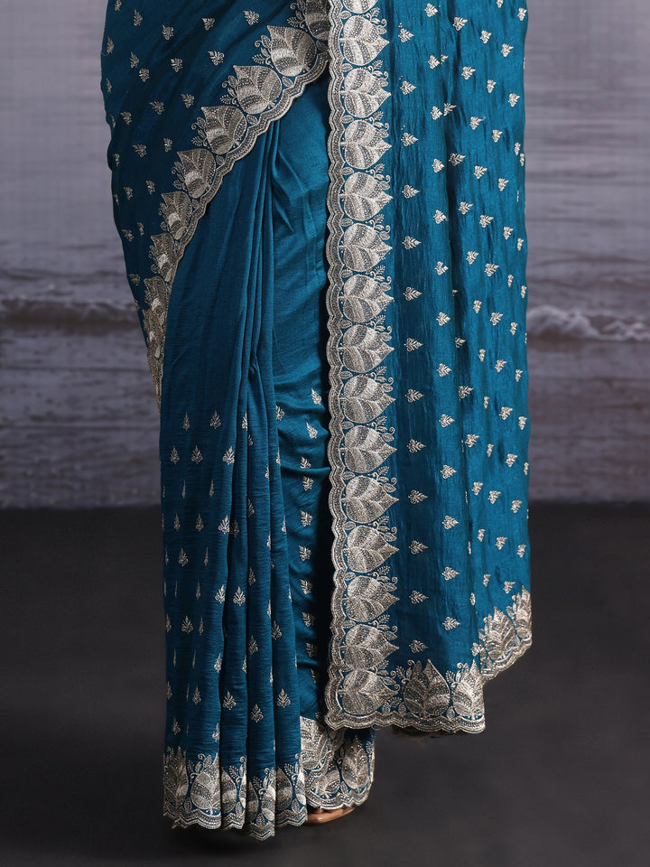 Libas Teal Blue Zari Embroidered Silk Blend Saree