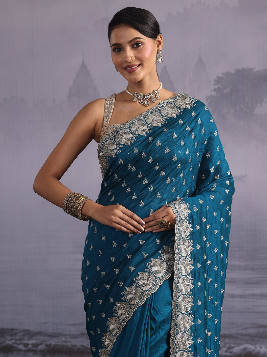 Libas Teal Blue Zari Embroidered Silk Blend Saree