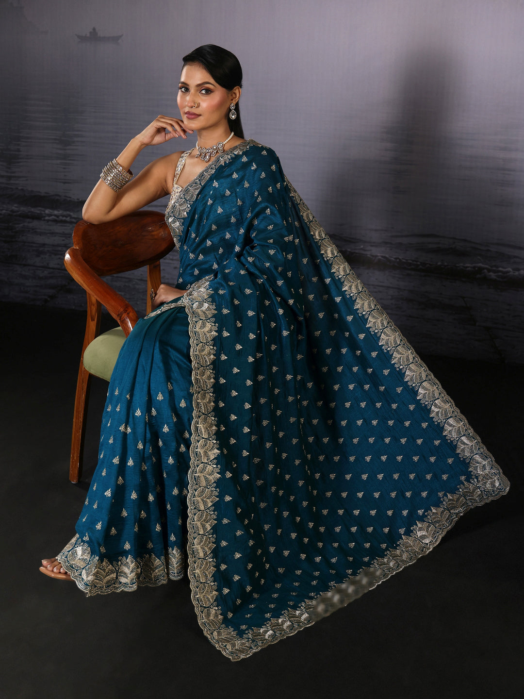 Libas Teal Blue Zari Embroidered Silk Blend Saree