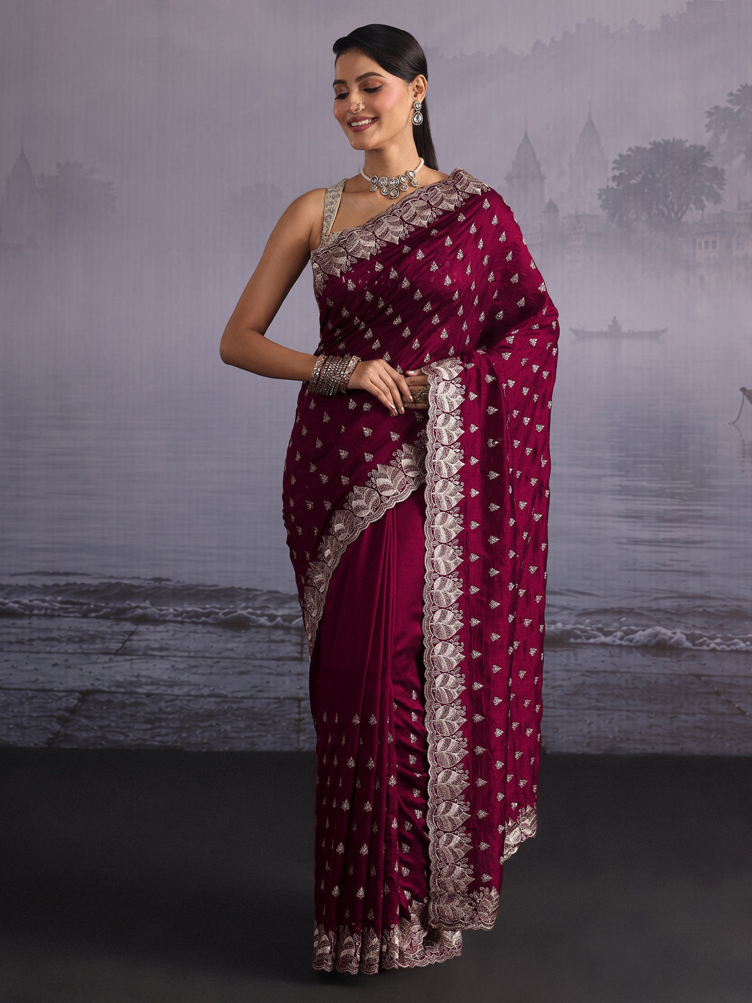 Libas Maroon Zari Embroidered Silk Blend Saree