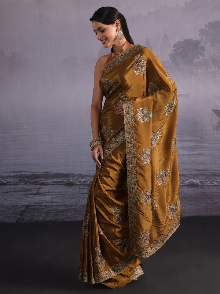 Libas Sepia Brown Floral Embroidered Satin Saree